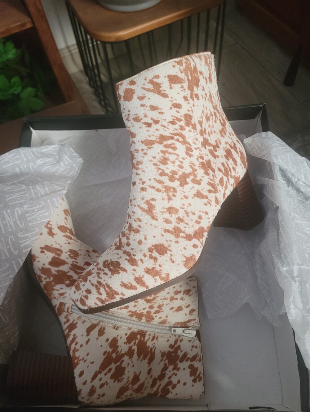 INC Women's Real Calf Fur Cream and Brown Cowprint Ankle Boots